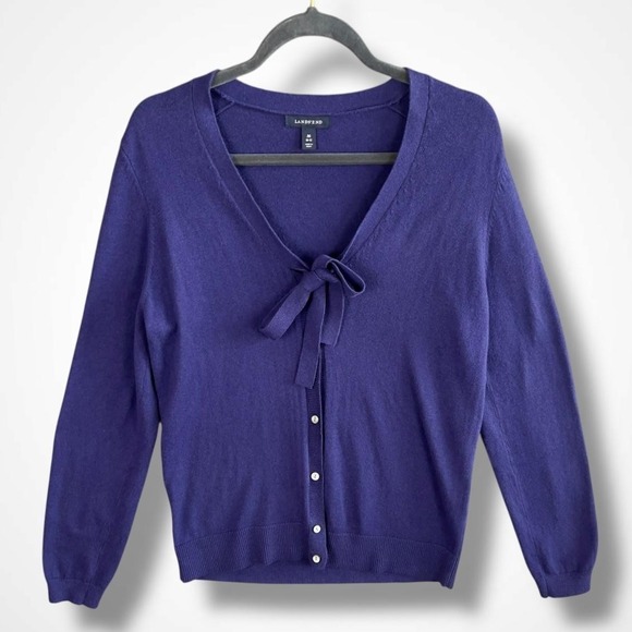 Lands' End Womens Cardigan M Purple Bow Tie‎ Cotton Cashmere Blend Button Sweate - Picture 2 of 9